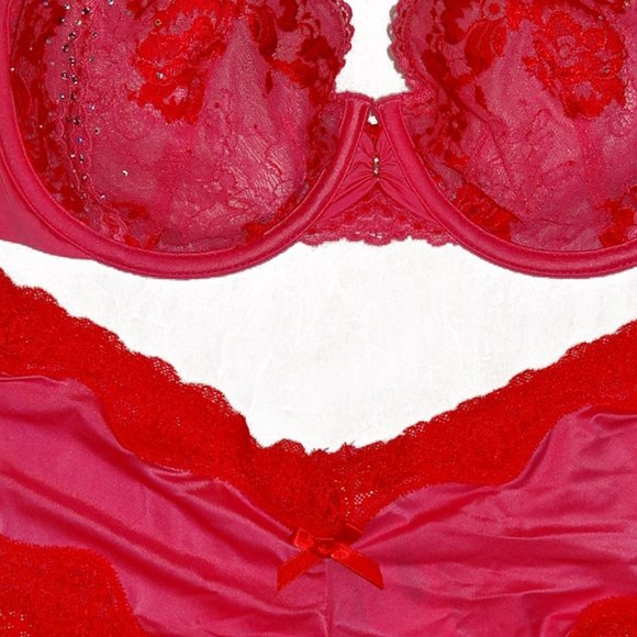 32DD,XS NWT Victorias Secret Desire Set Unlined Demi Bra, Cheeky Panty Pink, Red - Picture 2 of 5